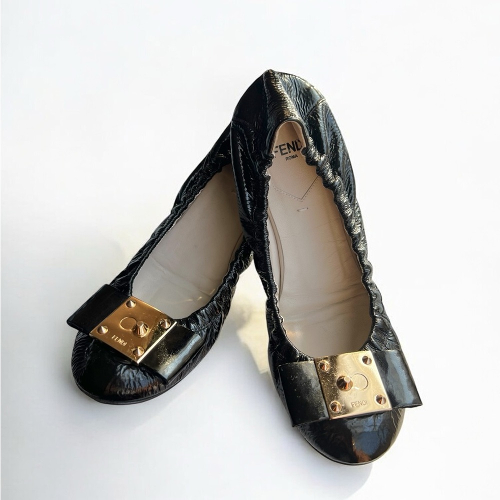 Fendi Black Patent Leather Ballet Flats w/ Gold Hardware | Size 36